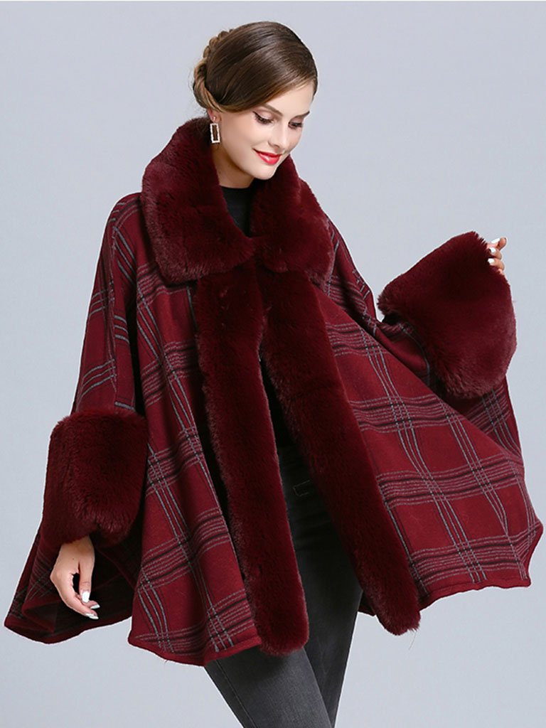 Plaid Poncho Sweater Faux Fur Coat Shawl Collar