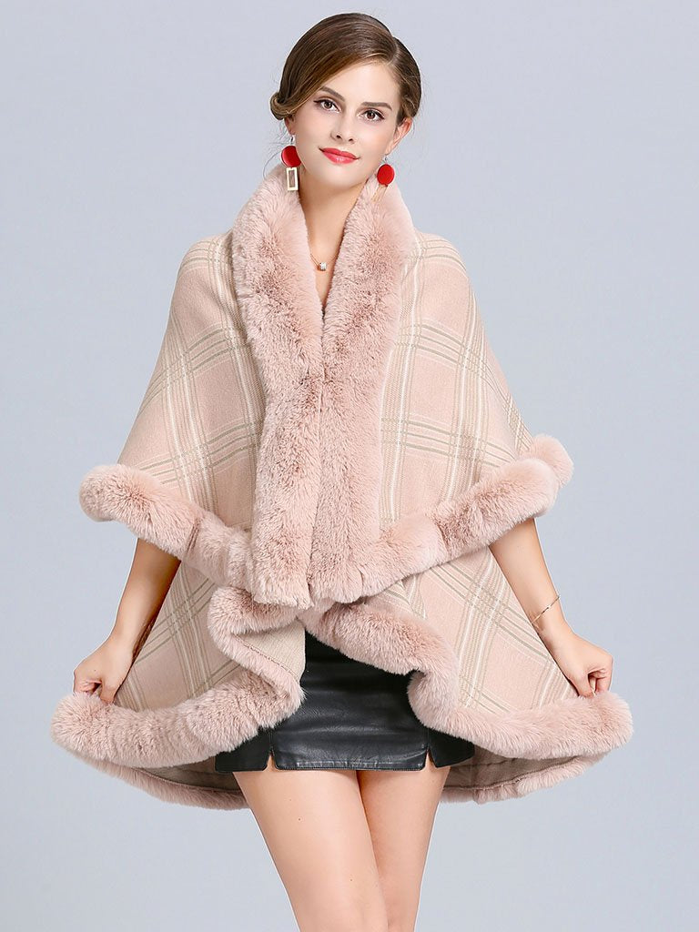 Poncho Wrap Faux Fur Collar Double Layer