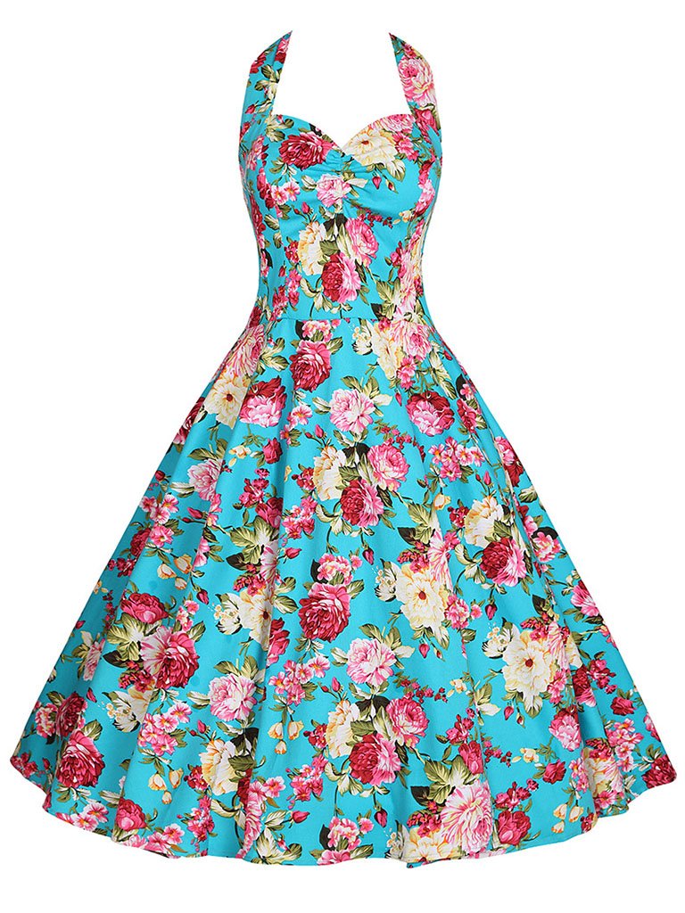 Sweet Floral Halter Cotton 50s Swing Dress
