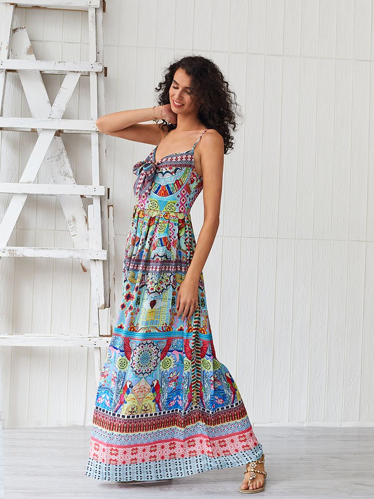 Boho Dress Spaghetti Strap Bow Split Floral Printed Maxi Dress