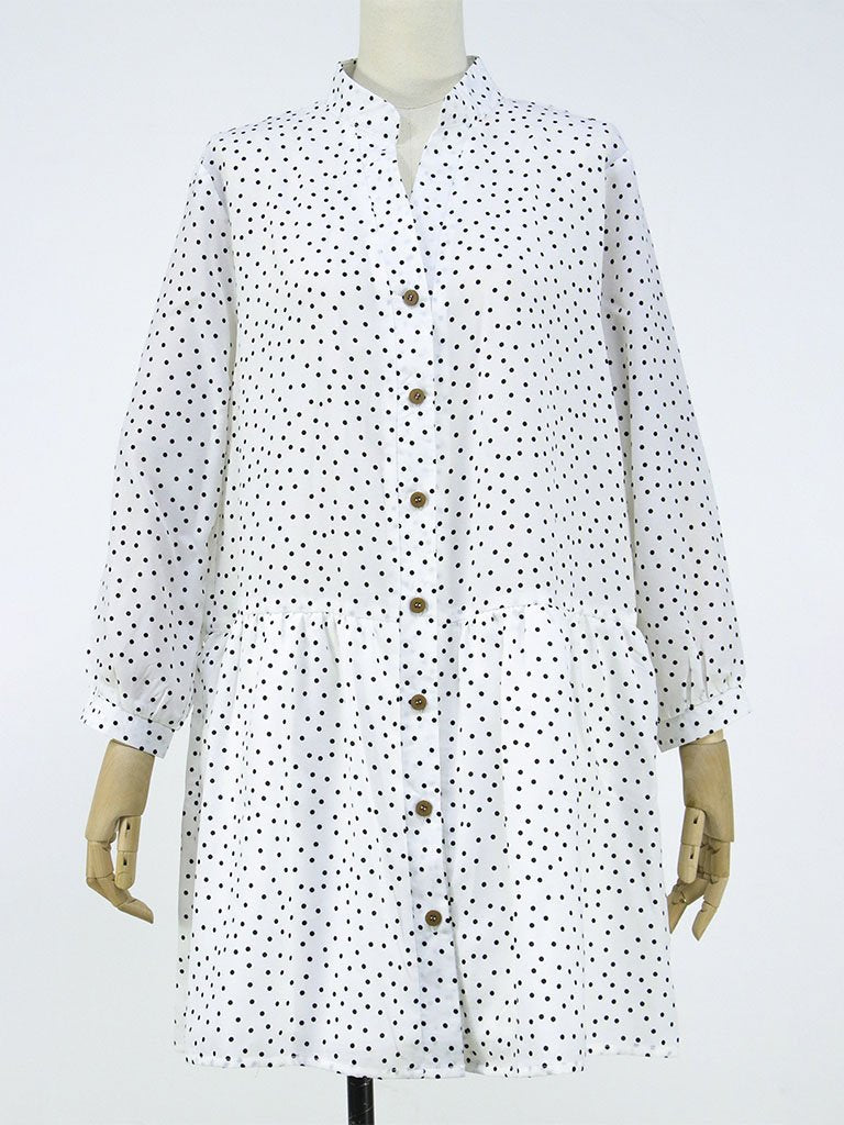 White Polka Dots V Neck Loose Midi Length Dress