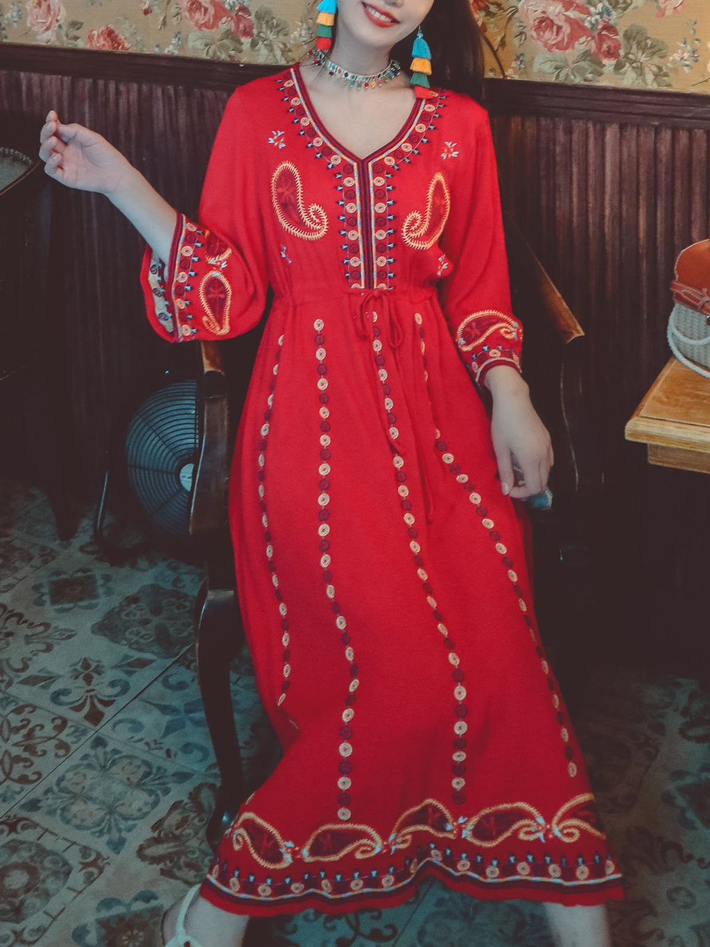 Bohemian Floral Embroidered V Neck 3/4 Flared Sleeves Boho Dress