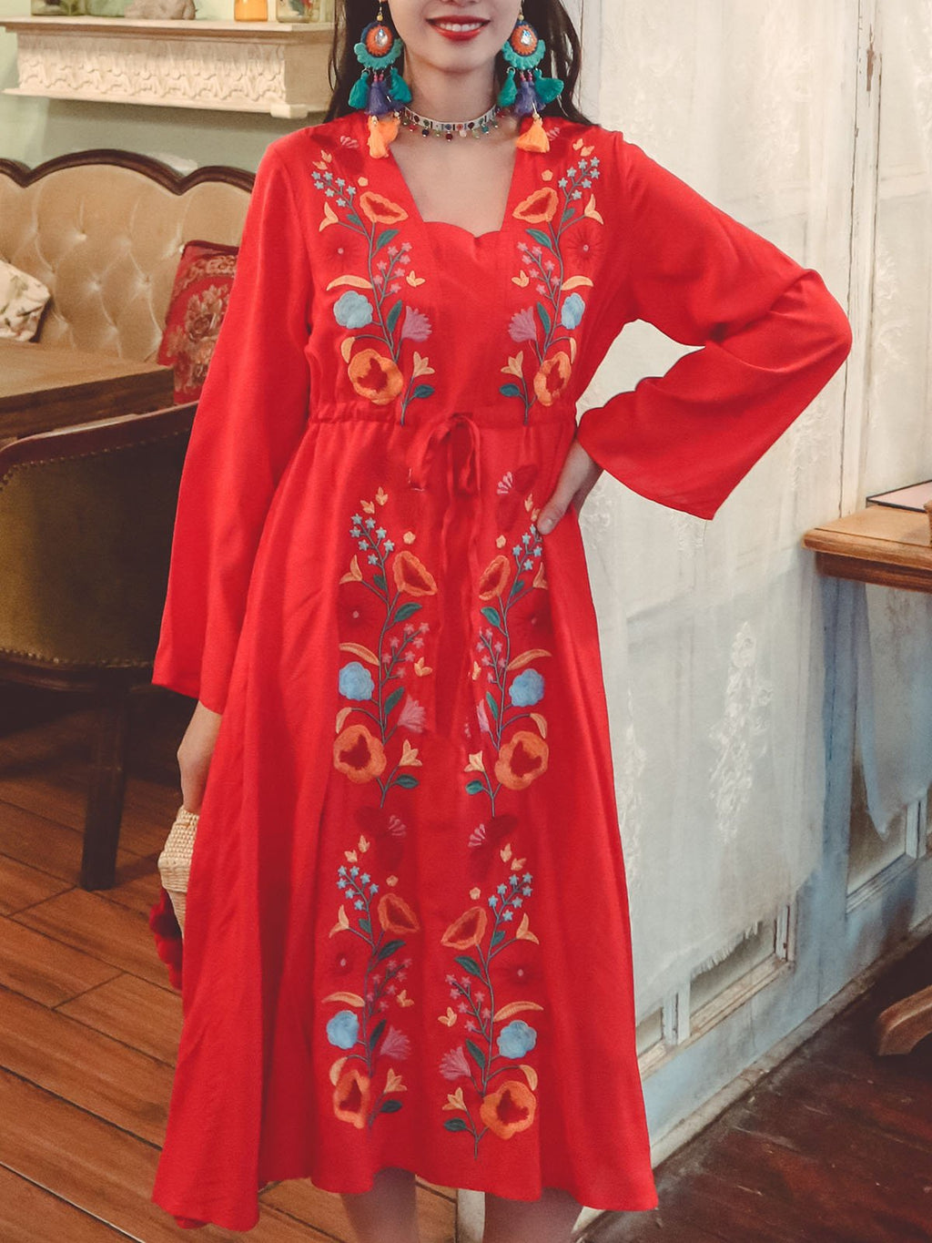 Jolly Vintage Embroidered Floral Long Sleeves Square Neck Boho Dress