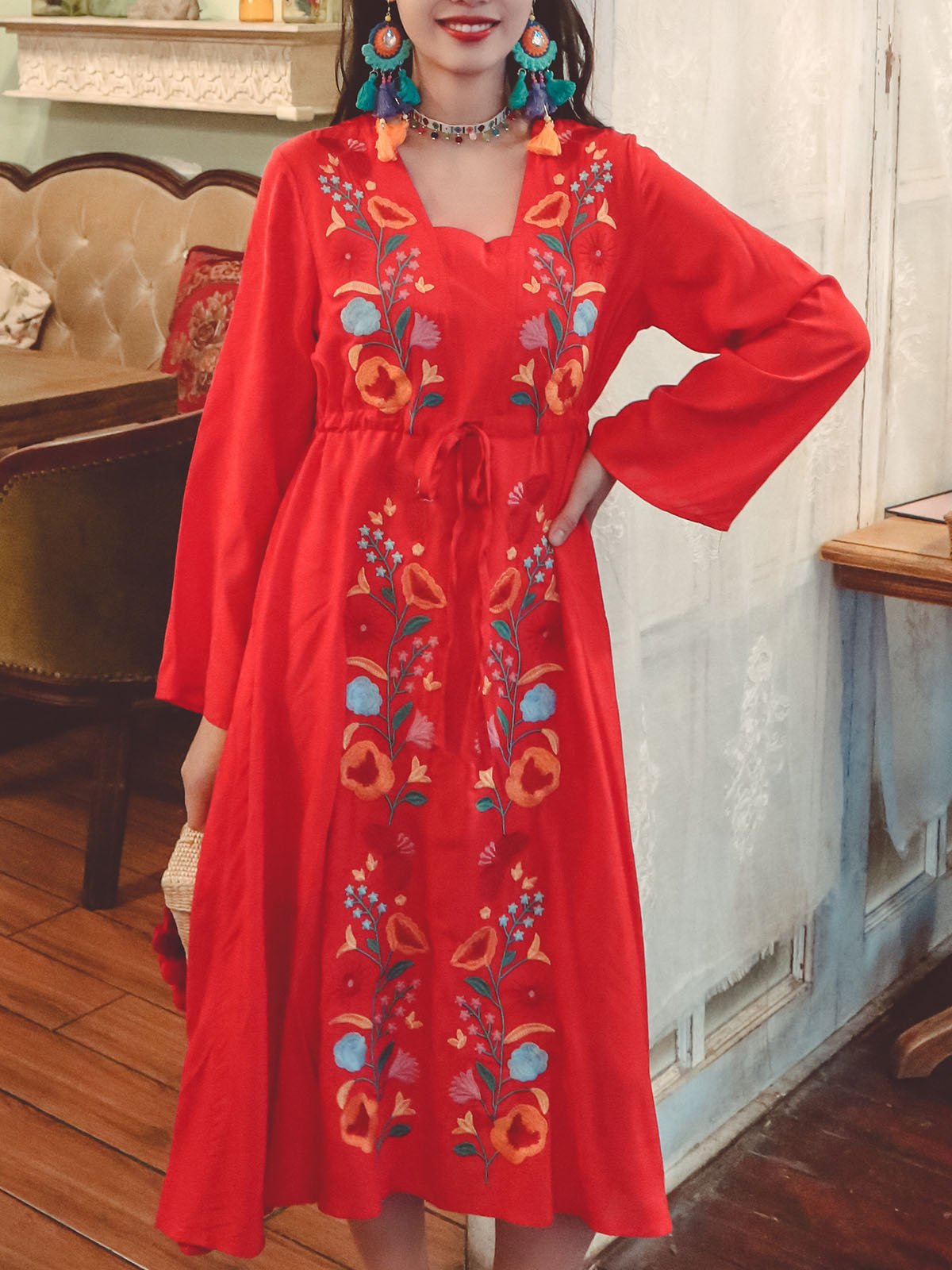 Jolly Vintage Embroidered Floral Long Sleeves Square Neck Boho Dress