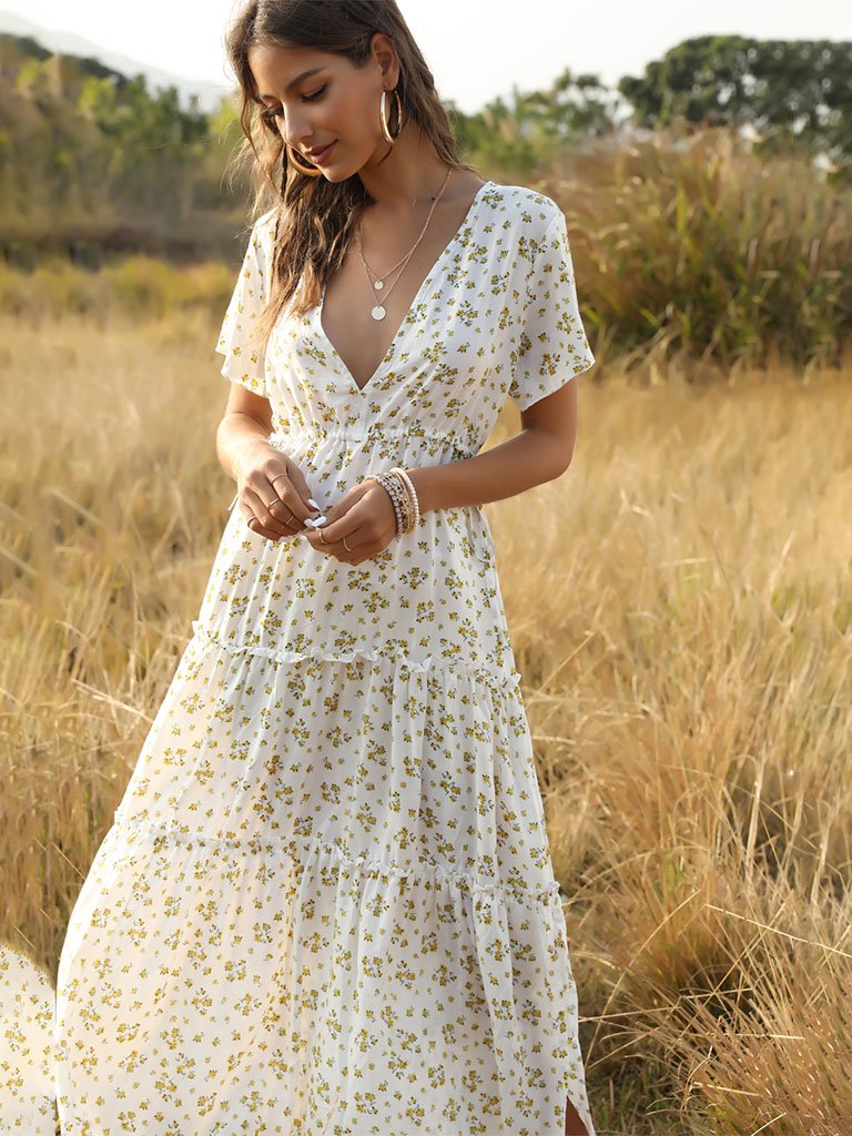 Boho Dress Floral Printed Ruffle Deep V Neck  Maxi Dress