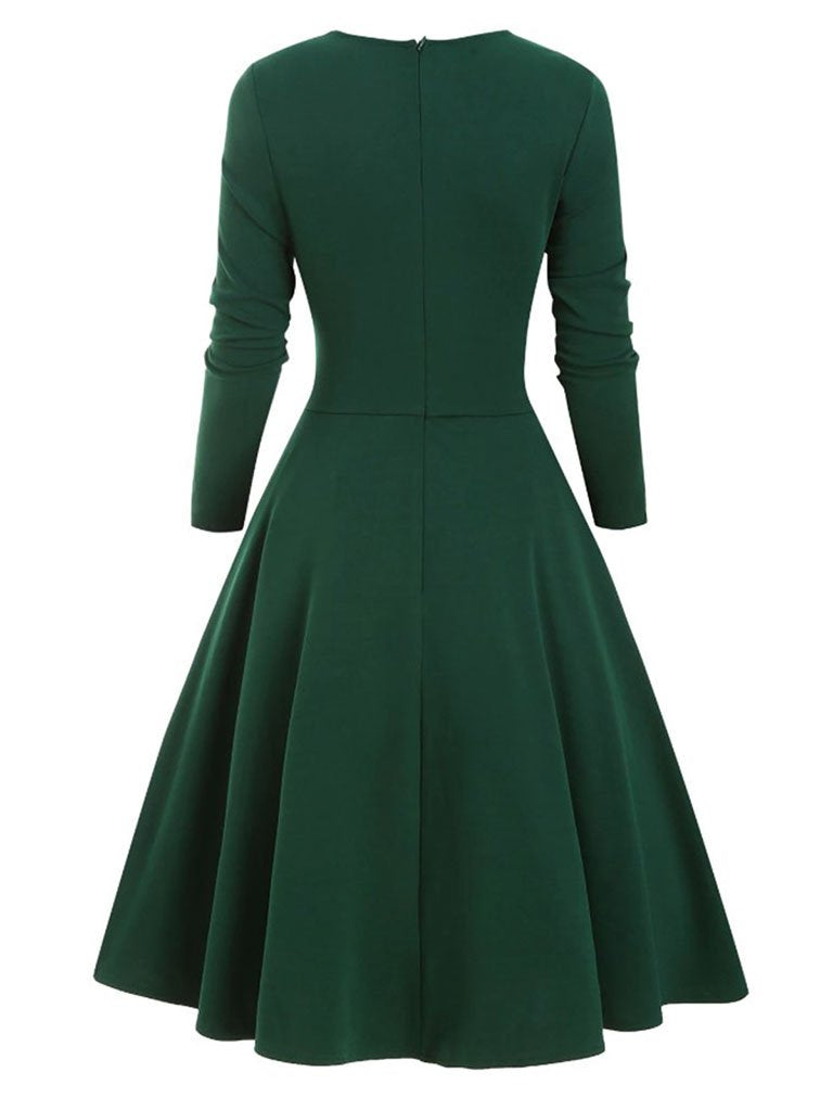 1950S Bow Heart Collar Plaid Long Sleeve Swing Dress
