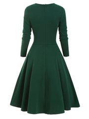 1950S Bow Heart Collar Plaid Long Sleeve Swing Dress