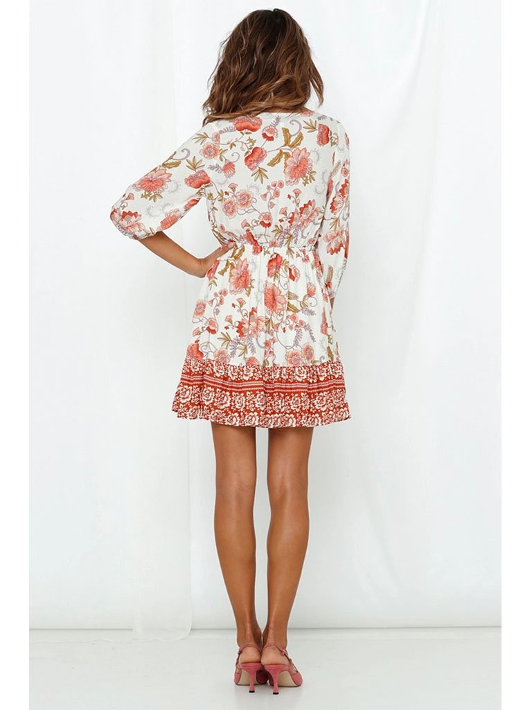 Boho Dress Floral Printed V Neck Beach Dress Half Sleeve