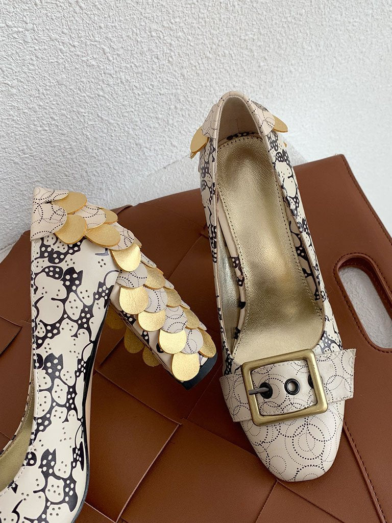 Stone Patten Petal Chunky Heel  Vintage Shoes