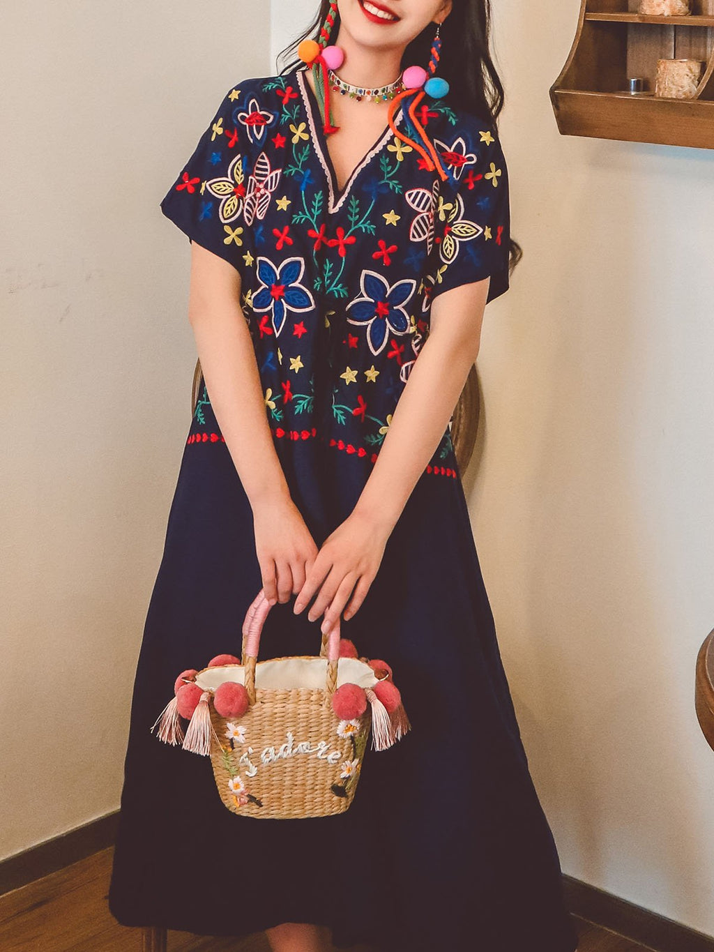 Jolly Vintage Bohemian V Neck Embroidered Floral Short Sleeve Boho Dress