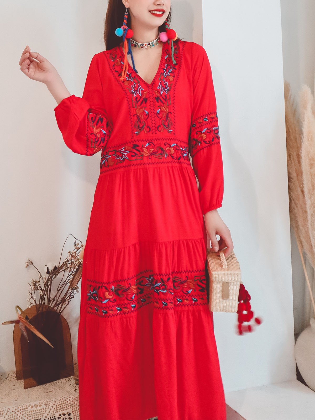 Jolly Vintage Embroidered Floral V Neck Long Sleeves Boho Maxi Cotton Dress