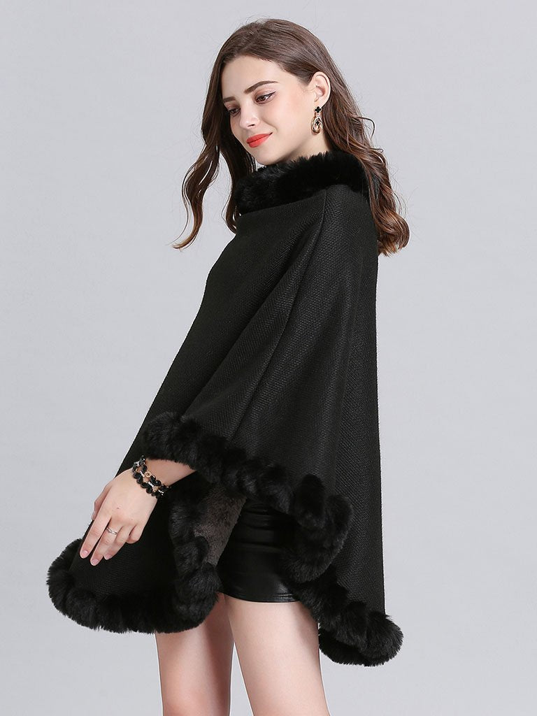Woolen Poncho Faux Fur Shawl Collar Oversized Winter Coat
