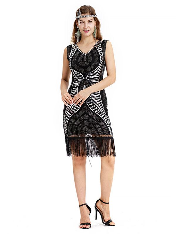 Black Gold 1920s V Neck Sequined Fringed Flapper Dress