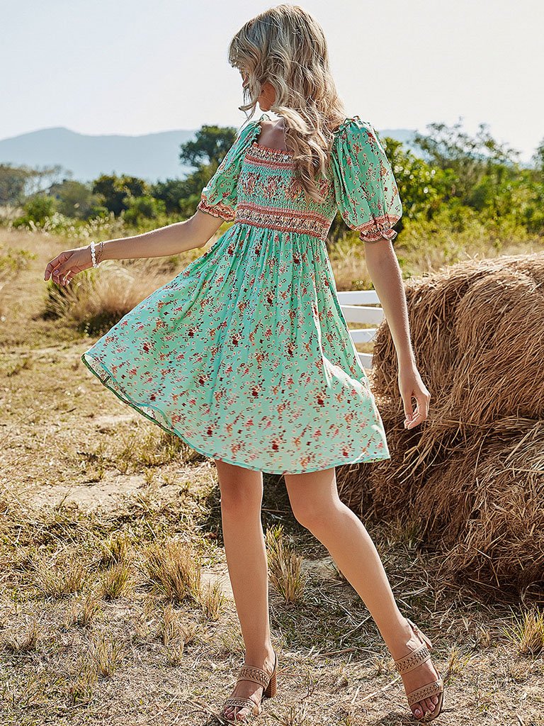Green Floral Boho Dress Short Ruffle Sleeve Square Neck Beach Dress
