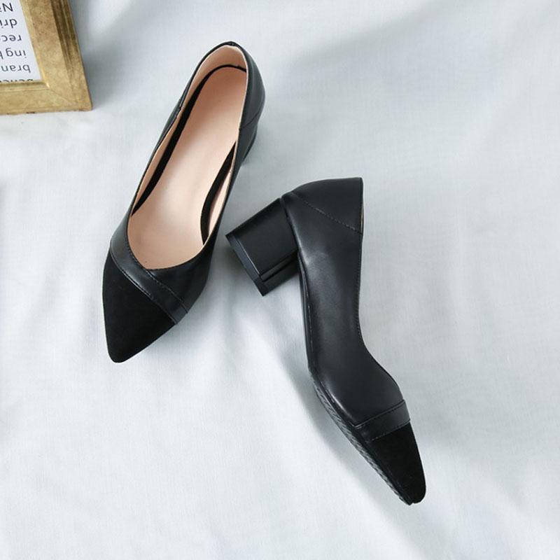 Heel Chunky Heel Pointed Cap-Toe PU Leather