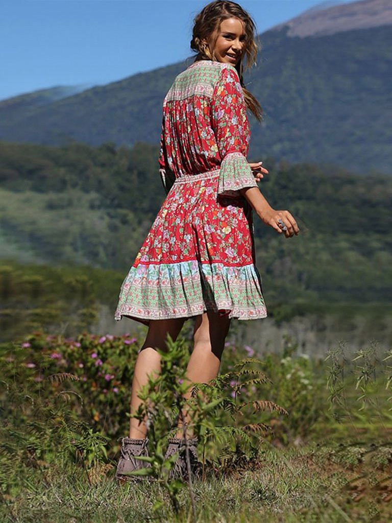 Summer Boho Dress Floral Printed V Neck Beach Maxi Dress