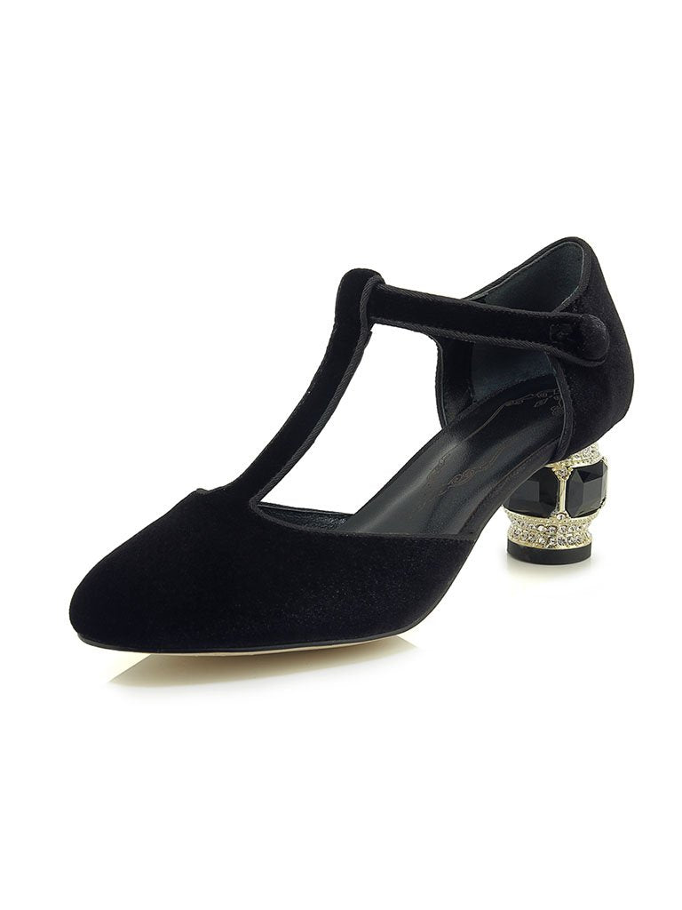 Velvet Rhinestone Chunky Heel  Vintage Shoes