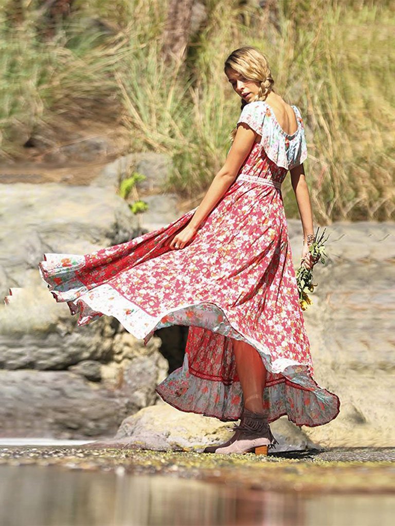 Summer Boho Dress Floral Printed V Elastic Band Collar Beach Maxi Dress