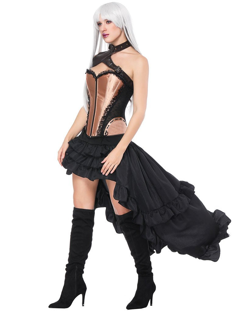 Gothic Costume Halloween Gold Corset Ruffles High Low Skirt And Pauldron Outfit