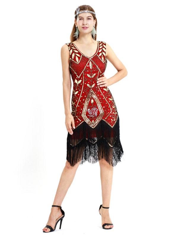 Wine Red 1920s V Neck Sequined Fringed Flapper Dres