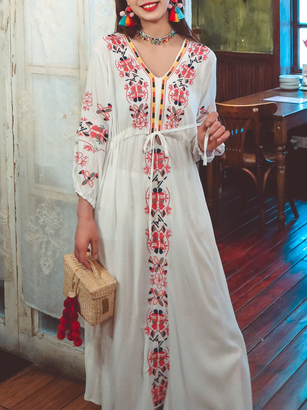 Bohemian Embroidered Floral V Neck Long Sleeve Cotton Boho Maxi Dress