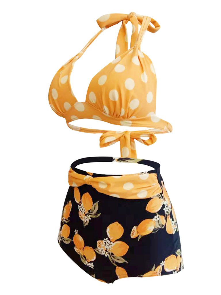Classical Vintage Style Dots And Floral Two Pieces Bikini Sets