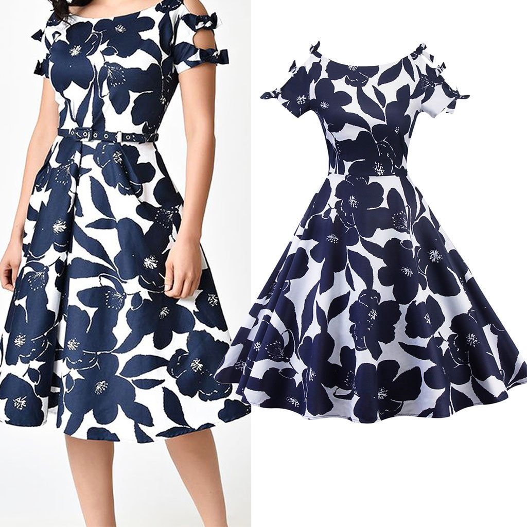 Floral Print Cut Out Bows Short Sleeve A Line Vintage Dress