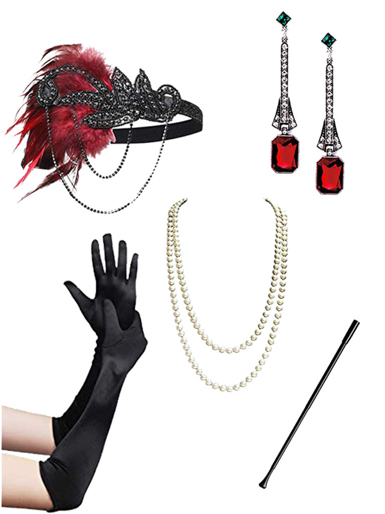 Wine Red 1920s Sequined Gatsby Flapper Dress Set