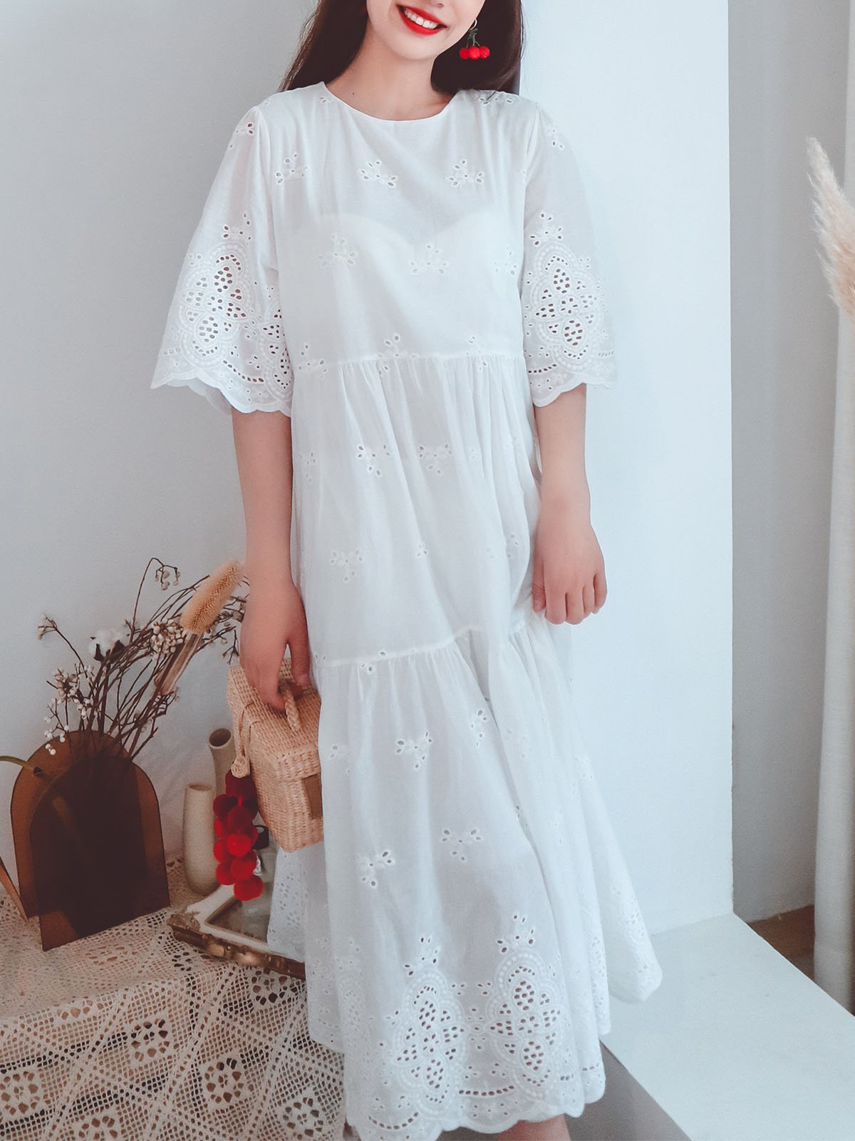 Jolly Vintage Embroidered Solid Backgrand Half Sleeves Boho Midi Dress