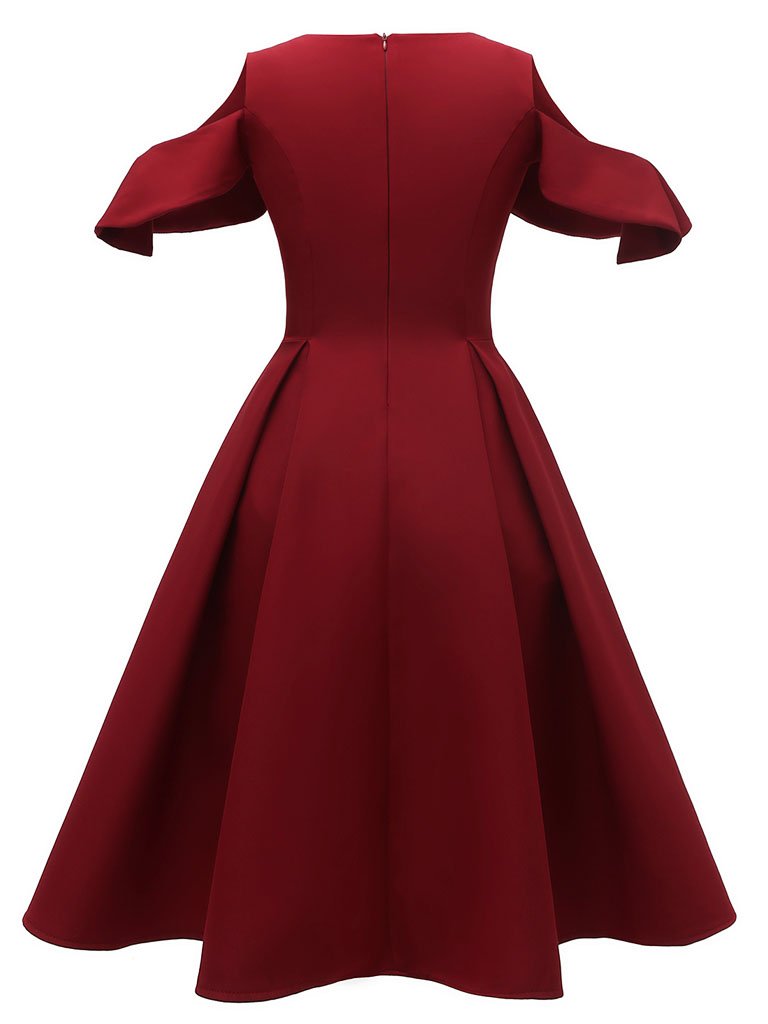 Navy 1950s Open Shoulder Ruffles Vintage Dress