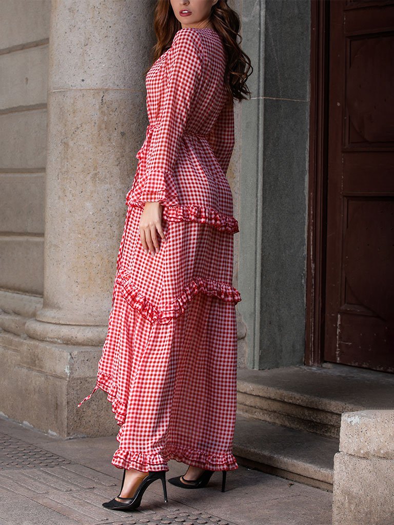 Boho Dress Red Plaid Splid Ruffles Peplum Maxi Dress Cake Dress