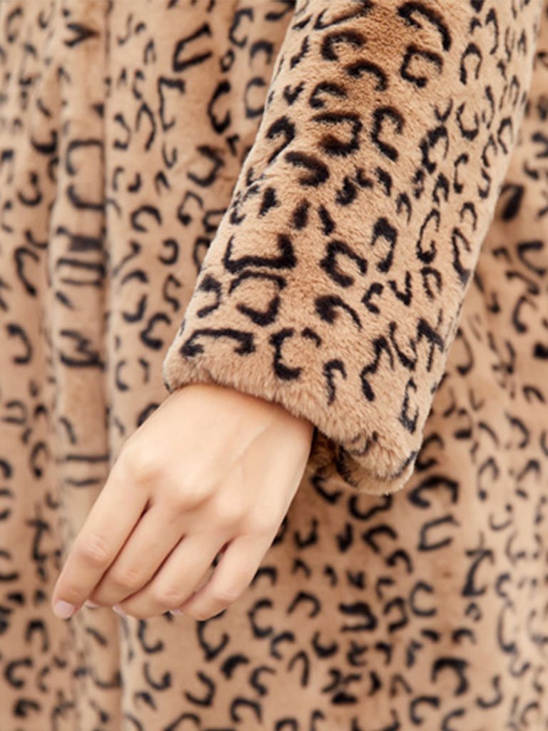 Faux Fur Coat Leopard Hooded Long Sleeve Oversized Winter Coat