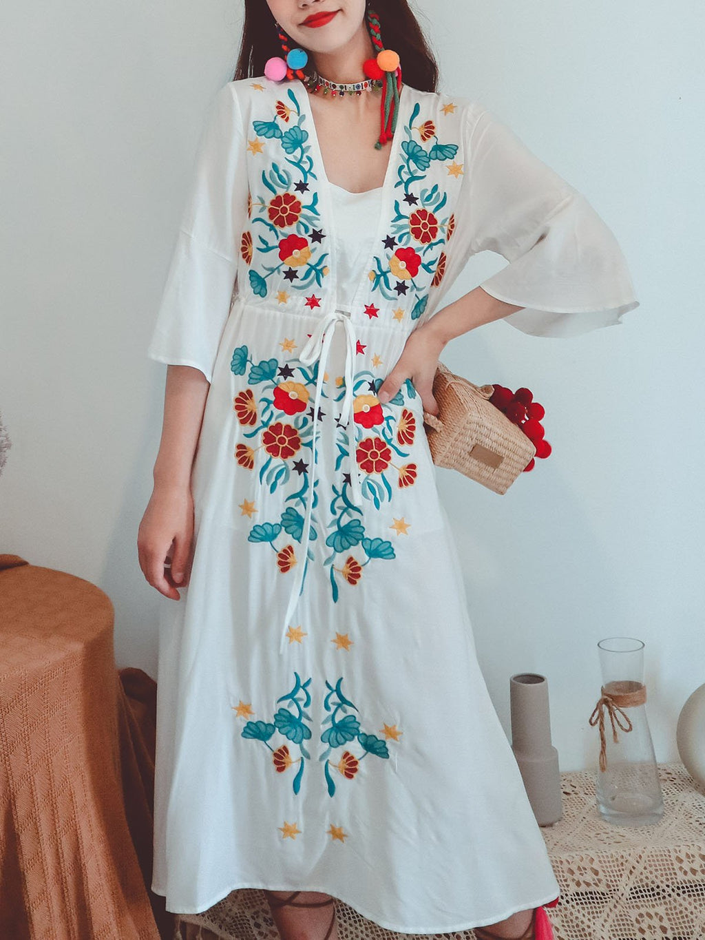 Cotton Embroidered Floral Square Neck Flared Half Sleeve Maxi Boho Dress