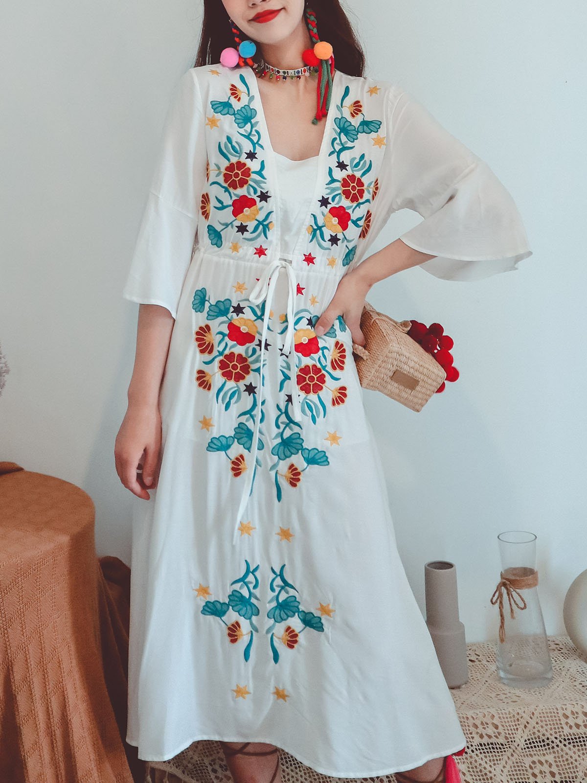 Cotton Embroidered Floral Square Neck Flared Half Sleeve Maxi Boho Dress