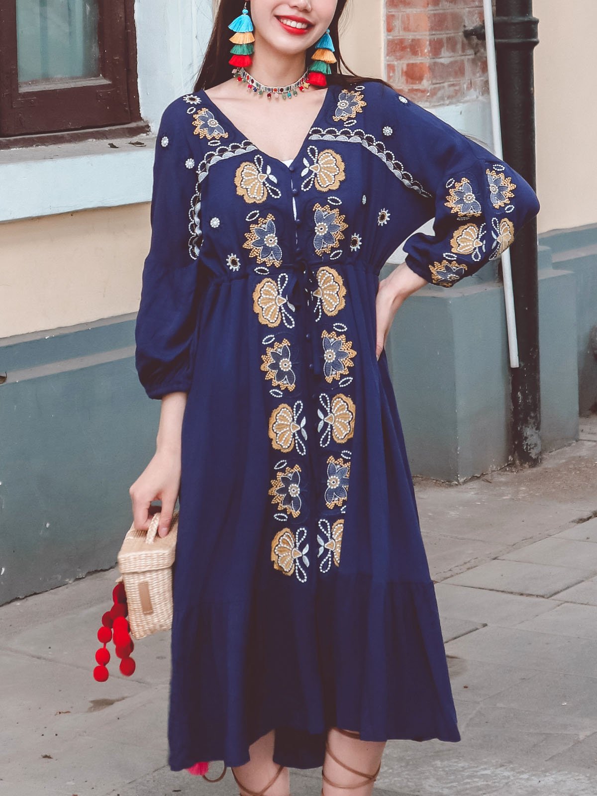 Bohemian Floral Embroidered V Neck 3/4 Sleeves Front Split Button Maxi Boho Dress