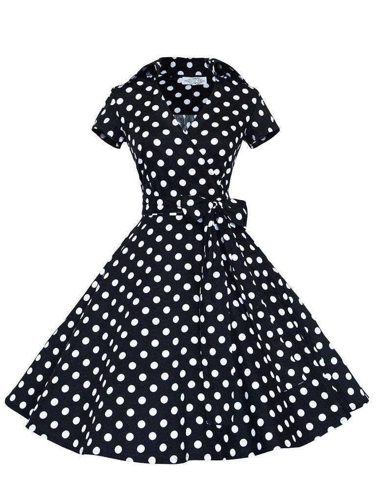 Elegant High Waist V Neck Short Sleeve Dots Vintage Dress