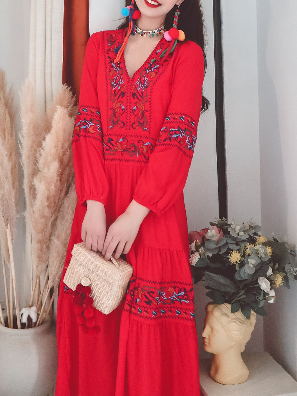 Jolly Vintage Embroidered Floral V Neck Long Sleeves Boho Maxi Cotton Dress