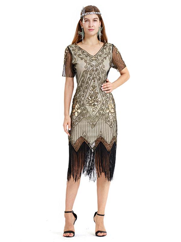 Red Gold 1920s V Neck Sequined Flapper Dress