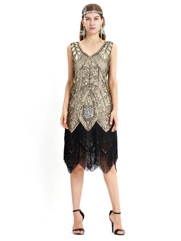 Wine Red 1920s V Neck Sequined Fringed Flapper Dres