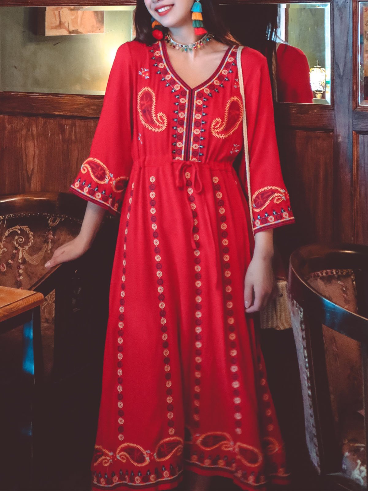 Bohemian Floral Embroidered V Neck 3/4 Flared Sleeves Boho Dress