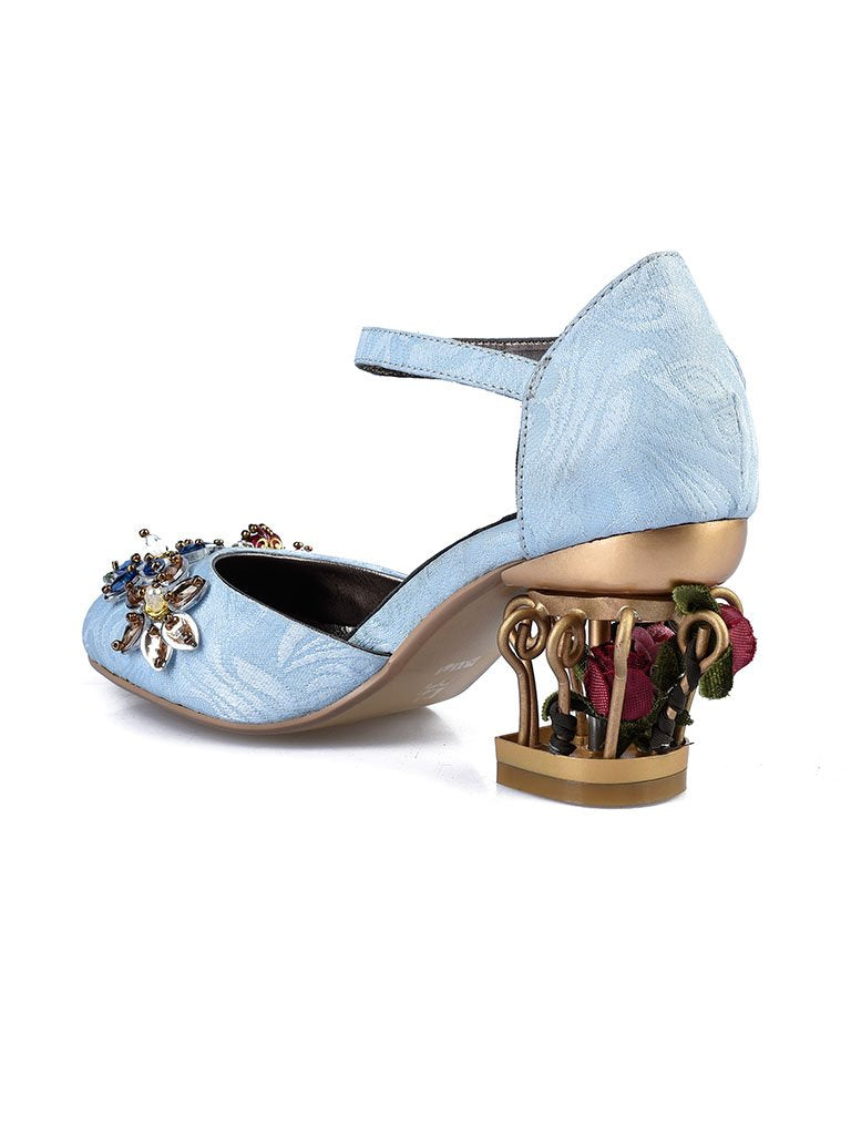 Luxury Womens Sheepskin Pointed Toe Flowers Rhinestones Mary Jane Vintage Pumps