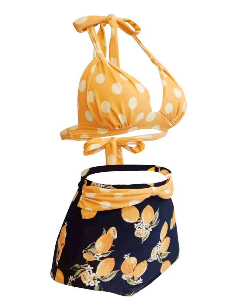 Classical Vintage Style Dots And Floral Two Pieces Bikini Sets