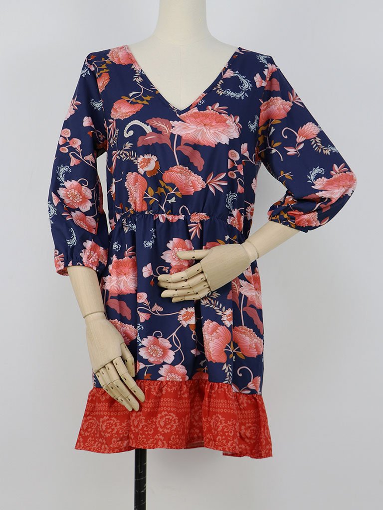 Boho Dress Floral Printed V Neck Beach Dress Half Sleeve