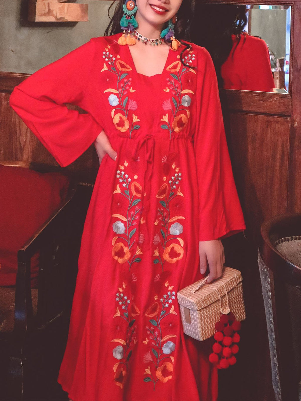 Jolly Vintage Embroidered Floral Long Sleeves Square Neck Boho Dress