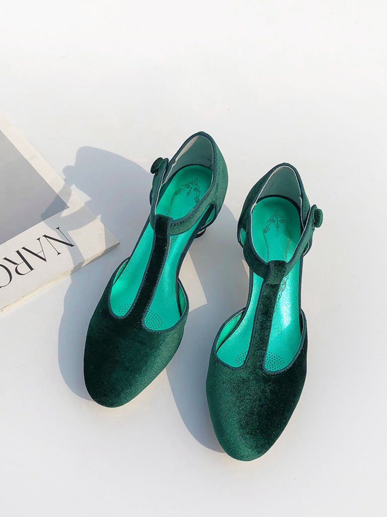Velvet Rhinestone Chunky Heel  Vintage Shoes