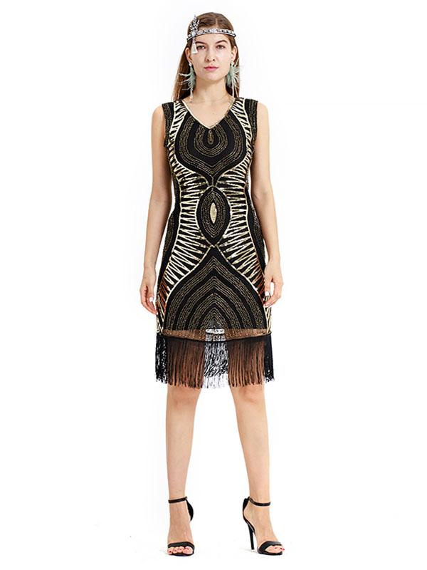 Black Gold 1920s V Neck Sequined Fringed Flapper Dress