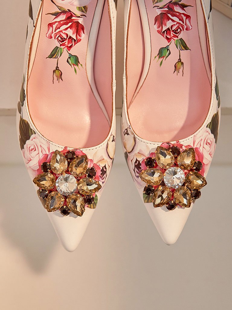 Rose Print Rhinestone Stiletto Heel Vintage Shoes