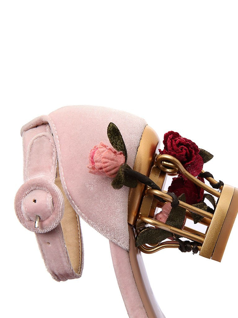 Luxury Velvet Shoes Round Toe Gold Metallic Fretwork Floral Heels