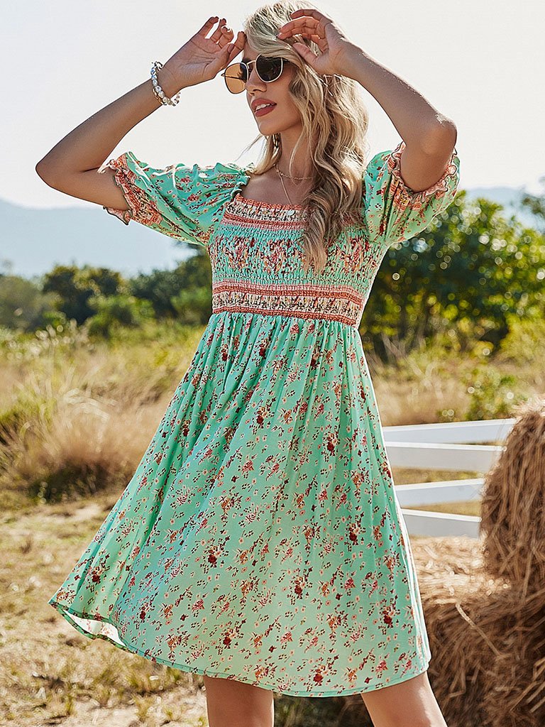 Green Floral Boho Dress Short Ruffle Sleeve Square Neck Beach Dress