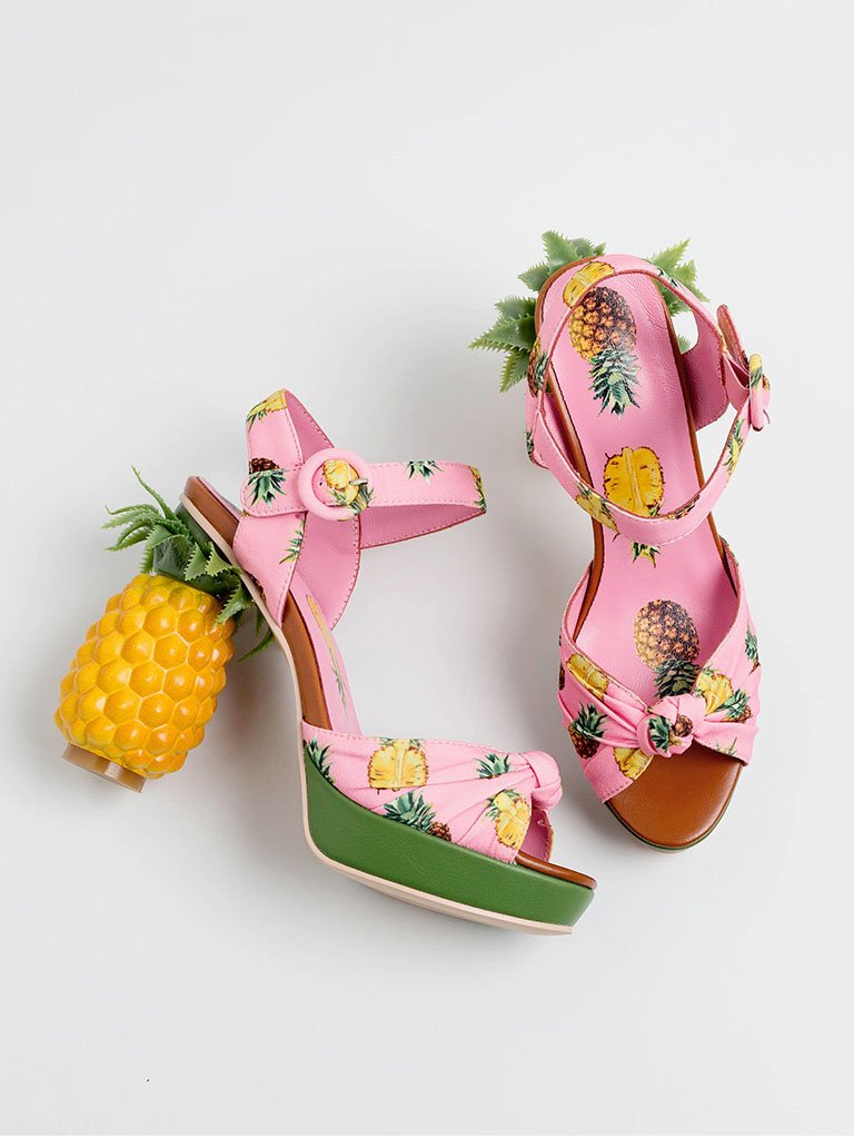Fruit Heel Pineapple Print Platform Bow Vintage Sandals